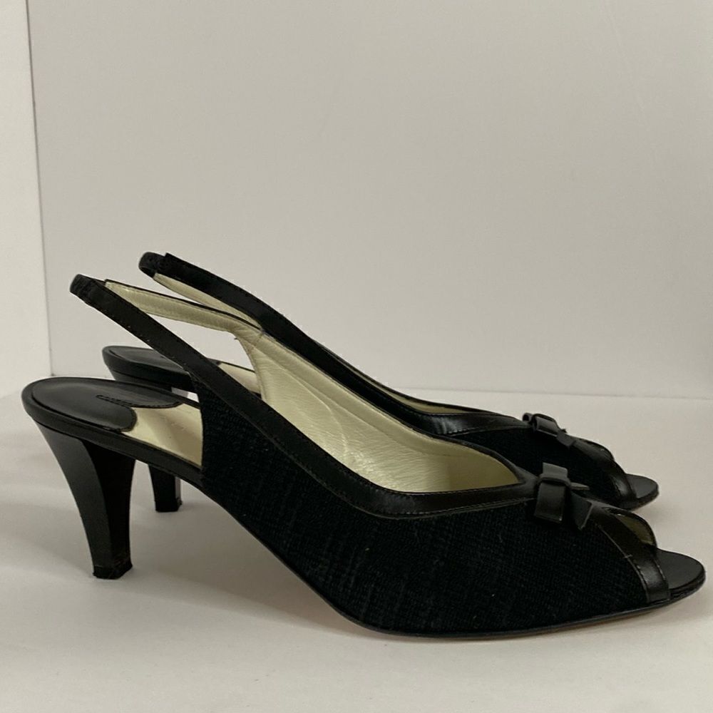 Vintage Amalfi peep toe sling back heels black textured fabric